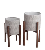 Benzara BM217021 Cylindrical Metal Planter with Ribbed Texture, Set of 2, Black and White