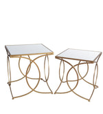 Benzara BM217040 Square Mirror Top Accent Table with Geometric Base, Set of 2, Gold