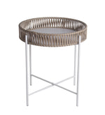 Benzara BM217048 Metal Accent Table with Round Top and Woven Edges, Small, White and Brown