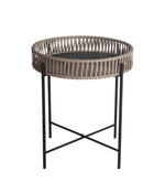 Benzara BM217049 Metal Accent Table with Round Top and Woven Edges, Small, Black and Brown