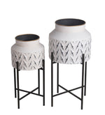 Benzara BM217051 Two Tone Metal Planter with Tubular Legs, Set of 2, White and Black