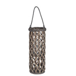 Benzara BM217060 Cylindrical Bamboo Lantern with Lattice Design and Rope Handle, Small, Gray