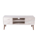 Benzara BM217064 Transitional Style Tv Unit with Round Splayed Legs, White and Brown