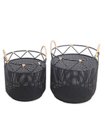 Benzara BM217065 Lattice Design Round Metal Planter with Curved Handles, Set of 2, Black