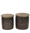 Benzara BM217066 Round Wooden Accent Table with Honeycomb Drum Metal Base, Set of 2, Brown