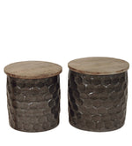 Benzara BM217066 Round Wooden Accent Table with Honeycomb Drum Metal Base, Set of 2, Brown