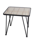 Benzara BM217080 Metal and Glass Accent Table with Slatted Bamboo Top, Small, Black and Clear