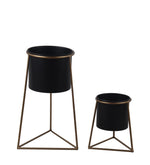 Benzara BM217093 Metal Round Planter with Triangle Base, Set of 2, Black and Gold