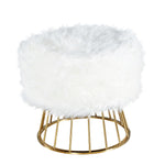Benzara BM217136 Faux Fur Upholstered Ottoman with Open Metal Frame, White and Gold