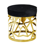 Benzara BM217140 Round Fabric Upholstered Ottoman with Cut Out Metal Frame, Black and Gold