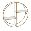 Benzara BM217178 Round Metal Frame Wall Shelf with 2 Display Cases, Gold and White