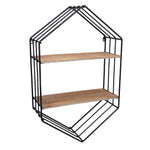 Benzara BM217189 Hexagonal Metal Frame Wall Shelf with 2 Display Cases, Brown and Black