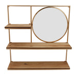 Benzara BM217190 Metal Wall Shelf with 3 Wooden Racks and Round Mirror, Gold and Silver
