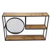 Benzara BM217194 Metal Wall Storage with 3 Wooden Shelves and Round Mirror, Brown and Black