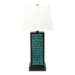 Benzara BM217238 Rectangular Metal Frame Table Lamp with Brick Pattern, White and Blue