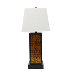 Benzara BM217239 Rectangular Metal Frame Table Lamp with Brick Pattern, White and Orange