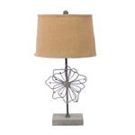 Benzara BM217243 Metal Table Lamp with Flower Accent and Block Base,Beige and Gray