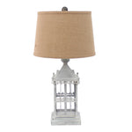 Benzara BM217245 Metal Temple Design Base Table Lamp with Fabric Shade, Beige and Gray