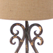 Benzara BM217252 Metal Table Lamp with Scroll Design Base and 2 Way Switch, Bronze and Beige