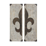 Benzara BM217253 Wooden Wall Plaque with Fleur De Lis Pattern, Set of 2, Bronze and White