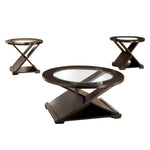 Benzara BM217446 3 Piece Round Glass Coffee Table and End Table with X Shaped Base, Brown