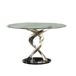 Benzara BM217497 Contemporary Round Dining Table with Swirl Metal Base, Black and Silver