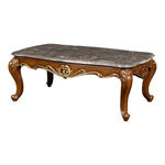 Benzara BM218024 Wooden Cocktail Table with Marble Top and Carved Details, Gray and Brown
