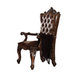 Benzara BM218506 Wooden Arm Chair with Button Tufted Backrest and Carved Details, Set of 2, Brown