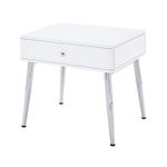 Benzara BM218618 Wood and Metal End Table with 1 Storage Drawer, White and Chrome