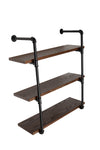 Benzara BM218705 3 Tier Wooden Floating Wall Shelf with Piped Metal Frame, Brown and Black