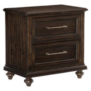 Benzara 2 Drawer Wooden Nightstand with Turned Feet and Hewn Sawn Texture, Brown