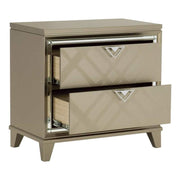 Benzara 2 Drawer Nightstand with Mirror Trim and Tapered Legs, Champagne Gold