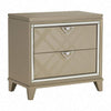 Benzara 2 Drawer Nightstand with Mirror Trim and Tapered Legs, Champagne Gold