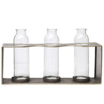 Benzara BM219133 Metal Rectangular Bud Vase Holder with 3 Glass Bottles, Set of 2, Copper