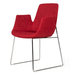 Benzara Fabric Upholstered Dining Chair with Metal SLed Base and Flared Arms, Red