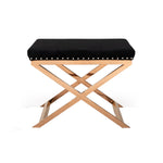 Benzara Fabric Ottoman with Double X Shaped Base and Nailhead Trim, Black and Gold