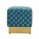 Benzara Fabric Upholstered Ottoman with Lattice Design Woven Top, Blue and Gold