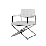Benzara Button Tufted Back Dining Chair with X Shaped Metal Base, White and Silver