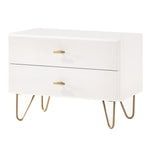 Benzara 2 Drawer Wooden Nightstand with Metal Pulls and Hairpin Legs,White and Gold