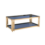 Benzara Rectangular Coffee Table with Glass Top and Bottom, Blue and Gold