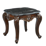 Benzara BM219488 Wooden End Table with Marble Top and Floral Engravings, Brown and Black