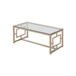 Benzara BM219600 Tempered Glass Top Coffee Table with Lattice Cut Outs, Silver and Clear