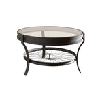 Benzara BM219606 Glass Top Metal Coffee Table with Bike Spokes Design Bottom,Black and Clear