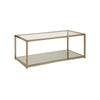Benzara BM219608 Glass Top Coffee Table with Metal Frame and Open Shelf, Brass