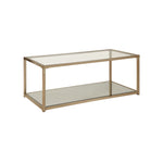 Benzara BM219608 Glass Top Coffee Table with Metal Frame and Open Shelf, Brass