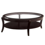 Benzara Oval Wooden Cocktail Table with Glass Insert and Open Shelf, Espresso Brown