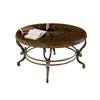 Benzara Round Top Cocktail Table with Metal Scrolled Legs and Nailhead Trim, Brown