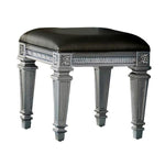 Benzara Wooden Vanity Stool wit Leatherette Seat and Faux Crystal Accents, Gray
