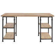 Benzara Plank Wooden Writing Desk with 4 Open Shelves and Metal Legs, Brown