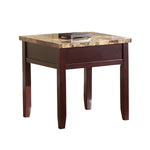 Benzara Faux Marble Top Square End Table with Tapered Legs, Cherry Brown